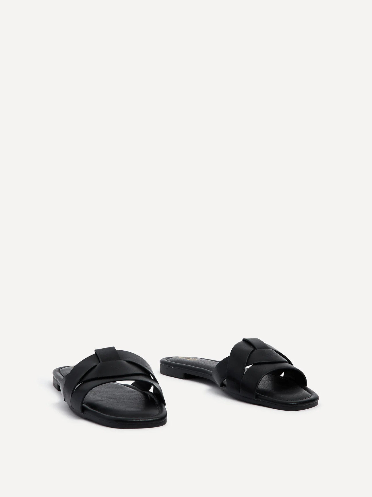 Black Faux Leather Slider With Woven Front Strap | Linzi Shoes