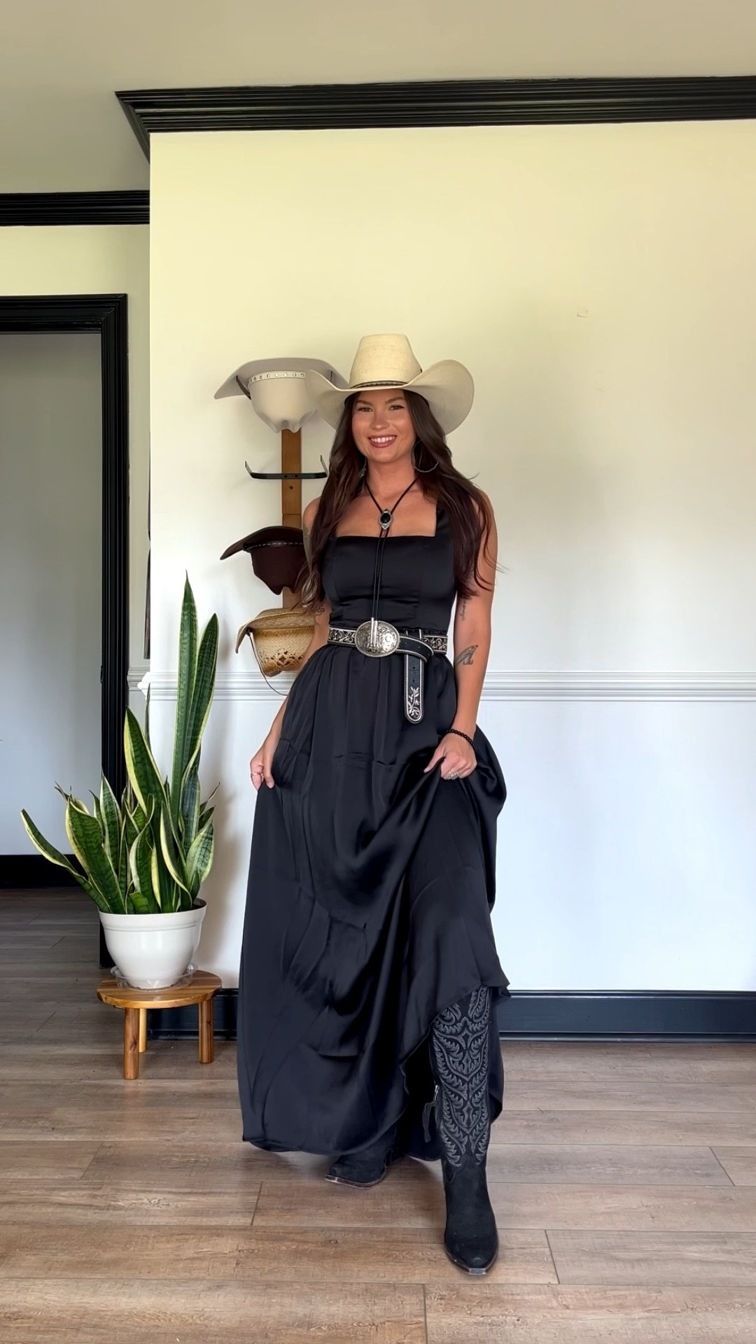 Black satin maxi dress still in stock! Added western accessories 🖤 wearing size 2. The perfect dress for a black tie event or wedding guest dress!

#LTKSeasonal #LTKgrwm