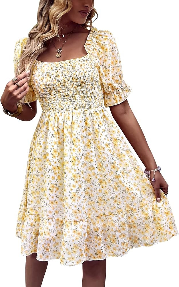 Vaiaye Women's 2023 Spring Summer Floral Smocked Midi Dress Square Neck Casual Boho Long Flowy Ti... | Amazon (US)