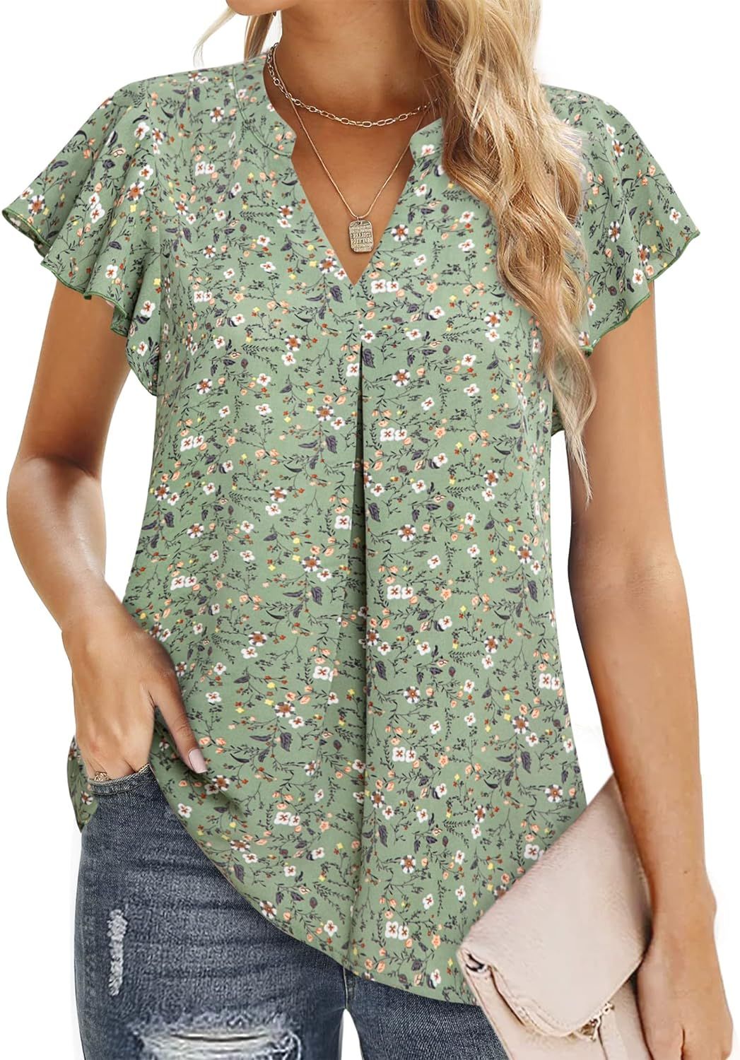 VALOLIA Women's Chiffon Blouse Ruffle V Neck Short Sleeve Summer Shirt Tops | Amazon (US)