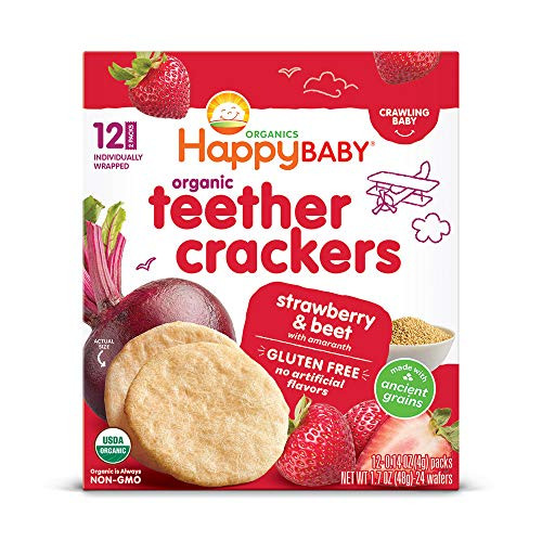 Happy Baby Organics Baby Snacks, Gentle Teething Crackers, Gluten Free & Vegan, Strawberry & Beet, 12 Count (Pack of 6) | Amazon (US)