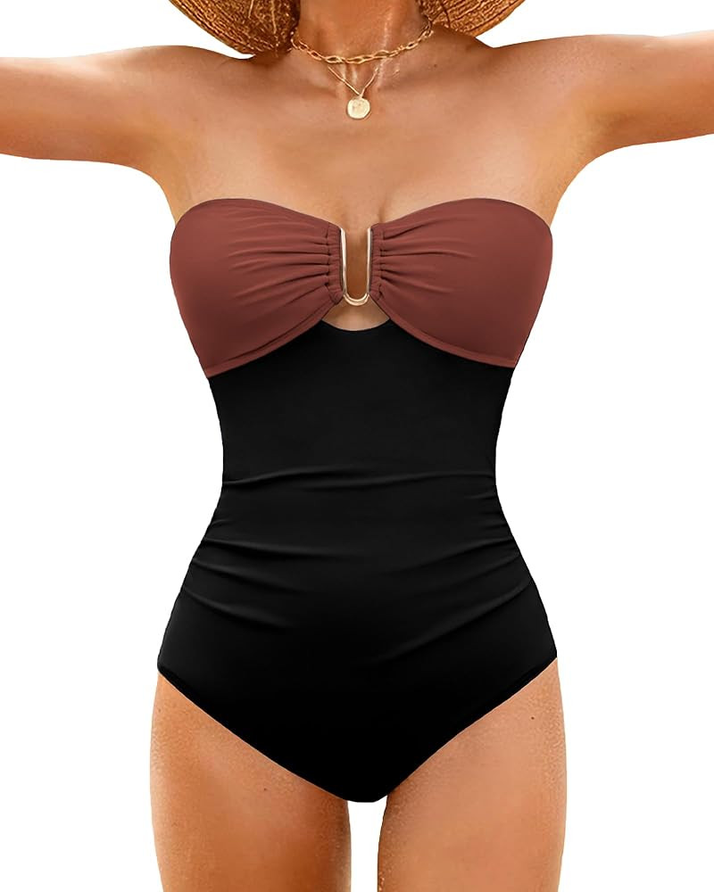 XUNYU One Piece Swimsuit Women Tummy Control Slimming Bathing Suit Strapless Bandeau Shapewear Sw... | Amazon (US)