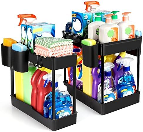 2 Pack Under Sink Organizer- Stackable 2 Size 2 Tier Bathroom Under the Sink Organizers Multi-Usa... | Amazon (US)