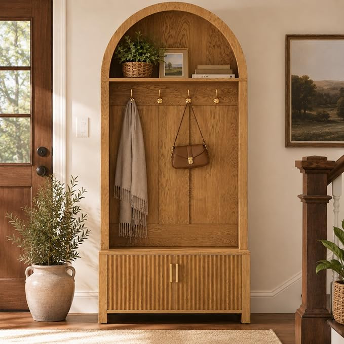 Arched Hall Tree with Bench and Shoe Storage, 70.3 Inch Entryway Coat Rack with 4 Metal Hooks, 2 ... | Amazon (US)