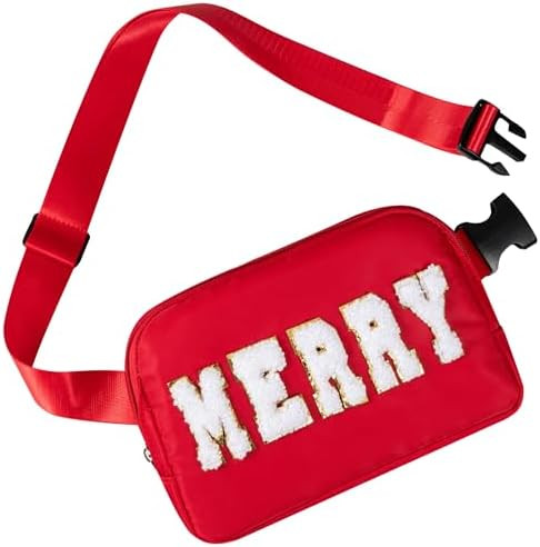 Christmas Merry Crossbody Bag, Holiday Belt Bag Fanny Pack with Embroidered Letter Patch, Red Chr... | Amazon (US)
