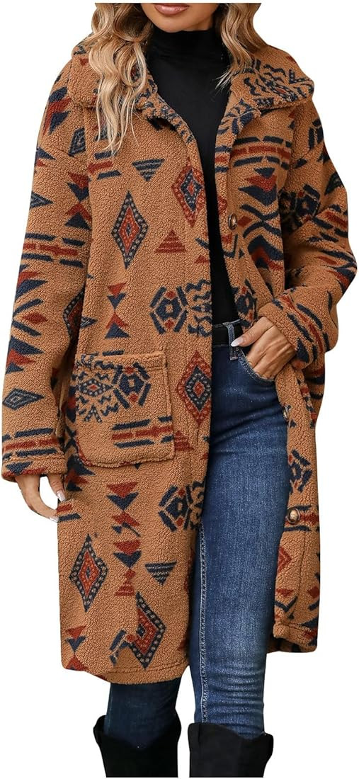 Women's Ethnic Printed Loose Collared Jacket Vintage Color Blocking Raglan Sleeve Casual Coat wit... | Amazon (US)