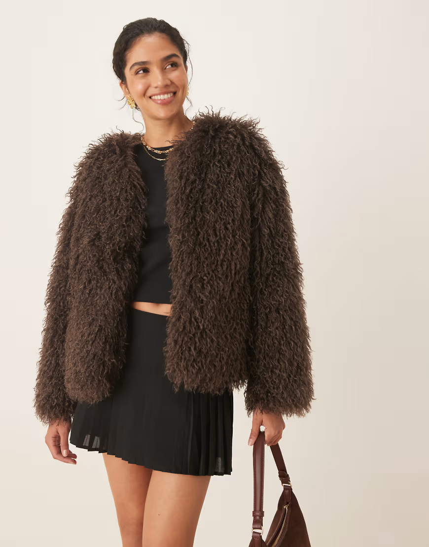 Pretty Lavish shaggy faux fur coat in brown | ASOS (Global)
