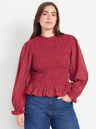 Long-Sleeve Plaid Smocked Top | Old Navy (US)