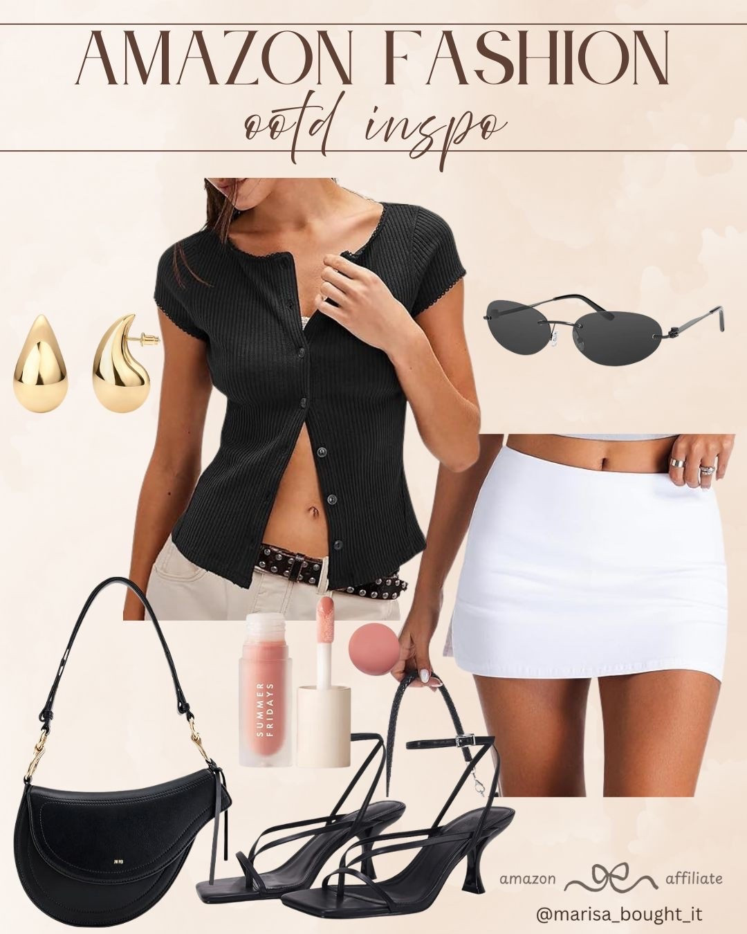 Obsessed with this edgy yet chic Amazon OOTD! 🖤
I love the contrast of this ribbed black button-down with a crisp white mini skirt. It is the perfect balance of casual and cool for a day out.

I accessorized this look with gold teardrop earrings, sleek oval sunnies, and strappy heels to elevate the vibe. ✨ Don't forget a touch of Summer Fridays gloss for that perfect glow!

#AmazonFashion #OOTDInspo #StreetStyle #AmazonFinds #SummerStyle

#LTKootd #LTKSeasonal