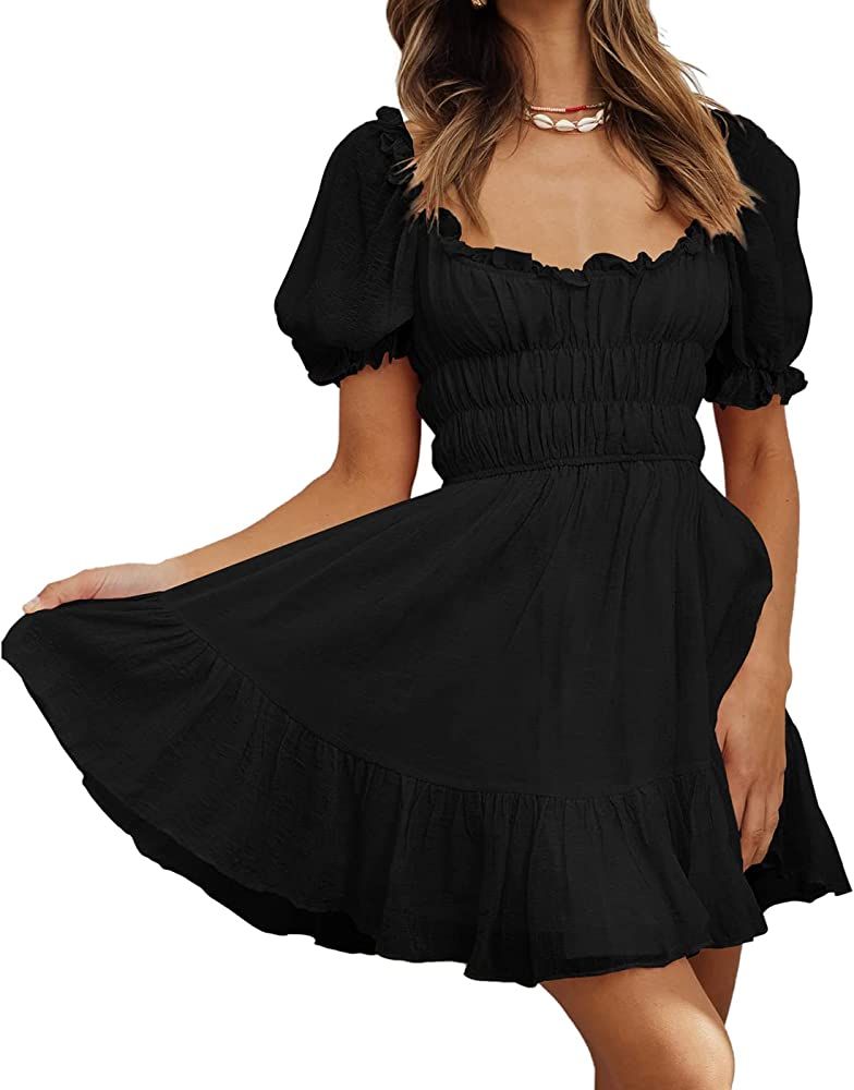 Merzhiiry Smocked Puff Sleeve Square Neck Dress for Women Ruffle Flowy Swing Tiered A Line Short ... | Amazon (US)