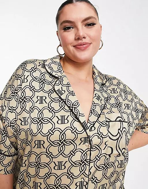 River Island Plus monogram print pyjama shirt & pants set in beige | ASOS | ASOS (Global)