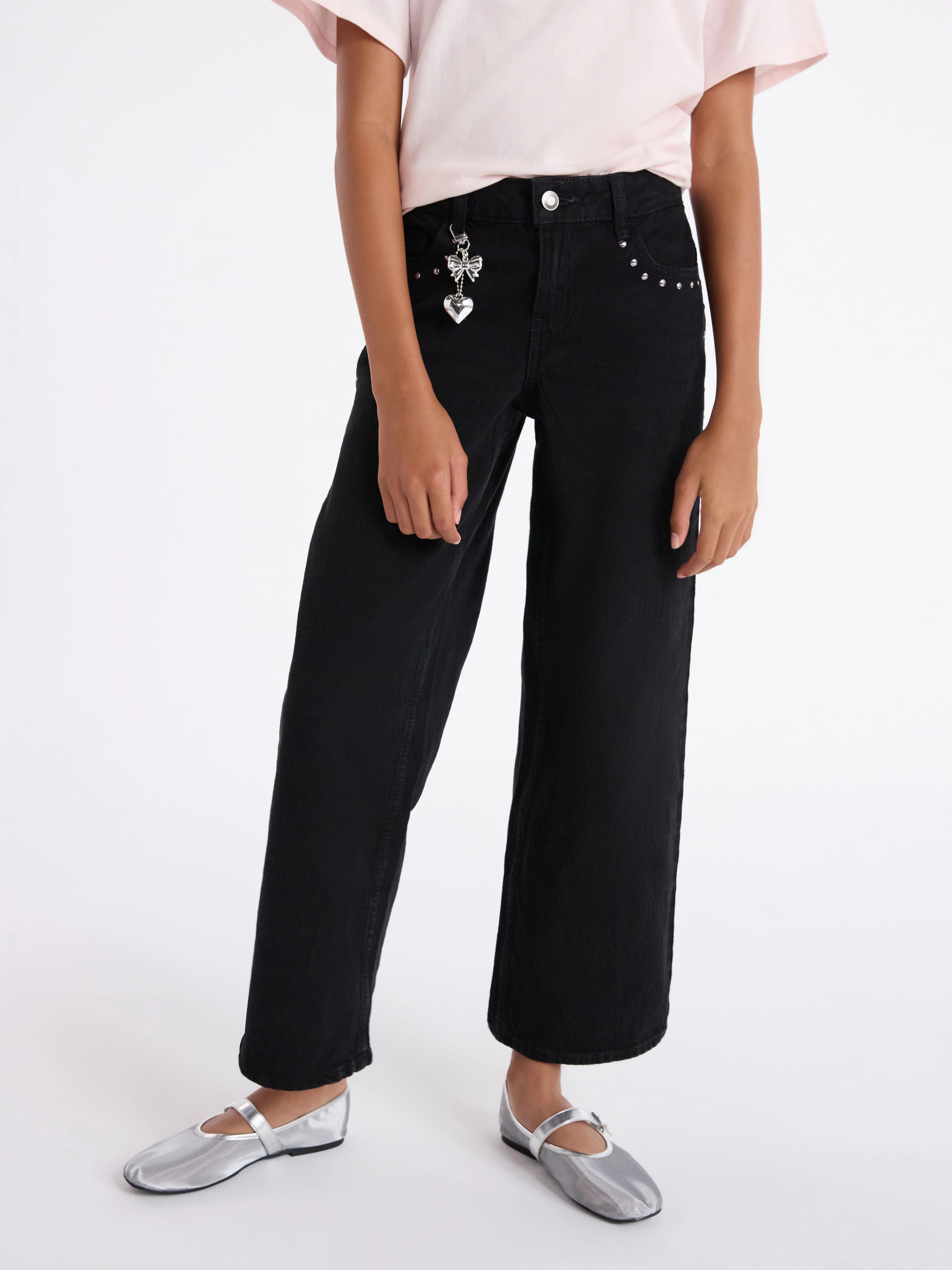 Weekend Academy Girls Baggy Straight Studded Denim Jeans, Sizes 4-18 | Walmart (US)
