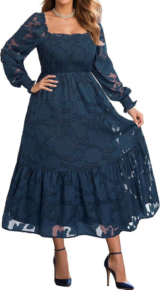 Women's Plus Size Fall Dress - Wedding Guest Long Sleeve Floral Lace Aline Flowy Midi Dress | Amazon (US)