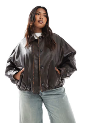 ASOS DESIGN Curve vintage wash leather look bomber jacket in brown | ASOS (Global)
