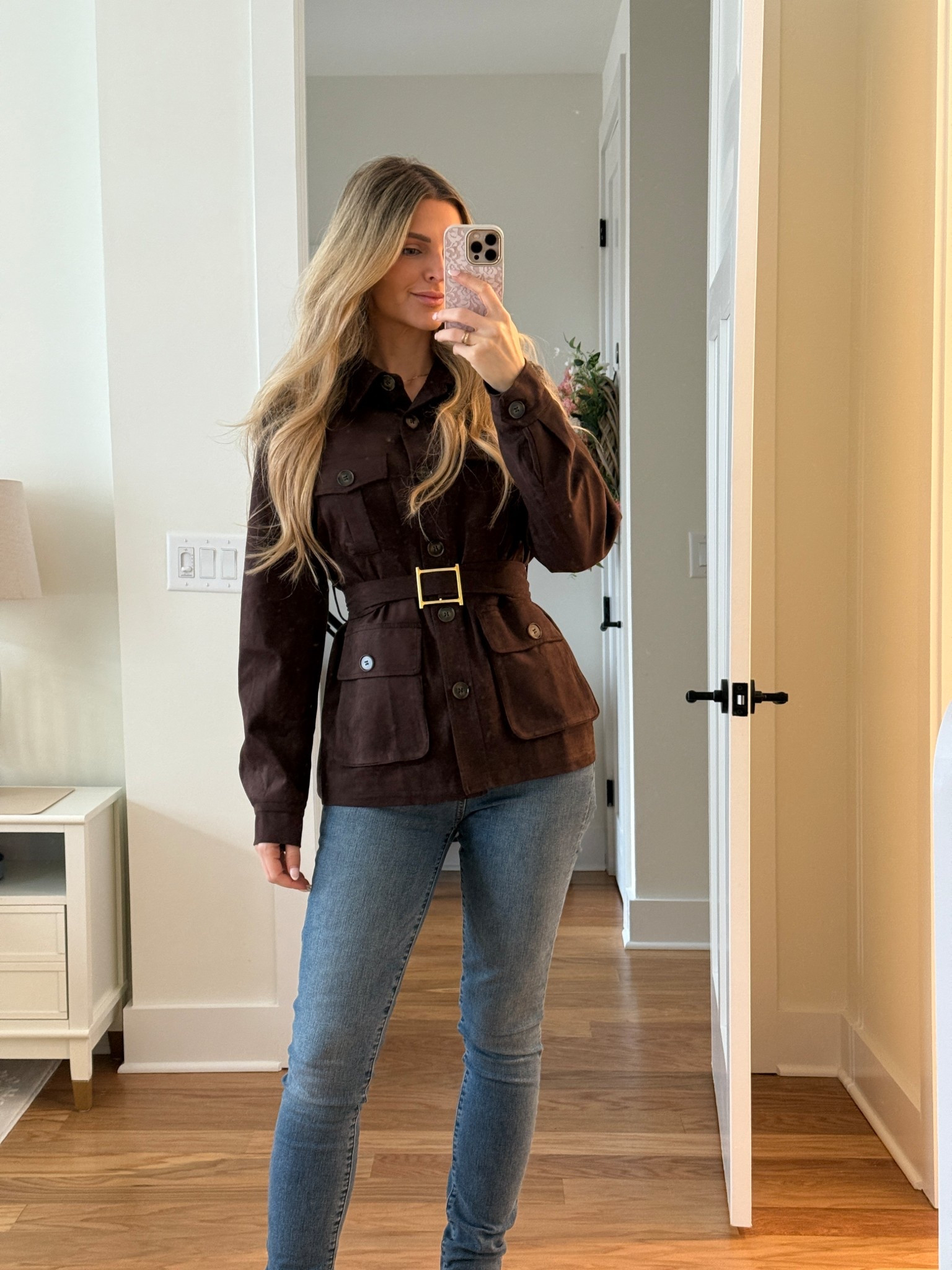 This jacket feels like suede, but is thinner and softer, and has that trendy ‘dad’ look, but the belt makes it a vibe. 

Wearing size small so I could fit a sweater under 

#LTKSeasonal #LTKootd #LTKOver40