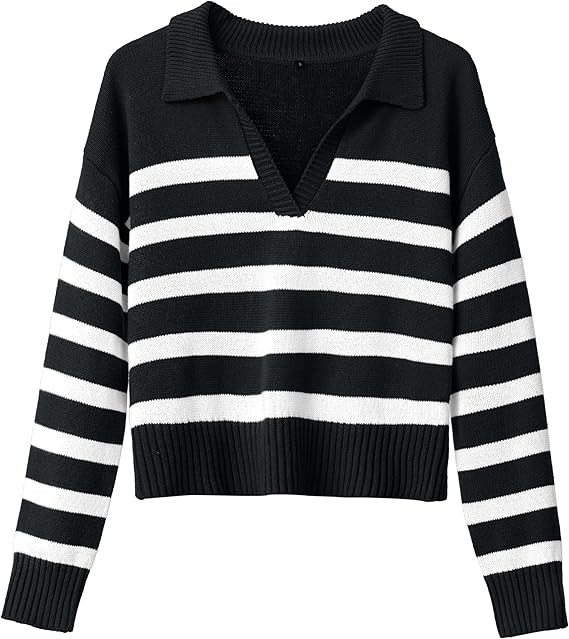 Womens Fall Striped Sweaters Polo V Neck Pullover Long Sleeve Shirts Knit Jumper Tops for 2024 Wi... | Amazon (US)