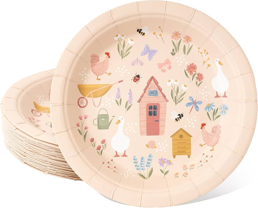Cheerland Garden Farm Shed Disposable Paper Plates for Tea Party, Kids Birthday, Baby Shower, Spr... | Amazon (US)