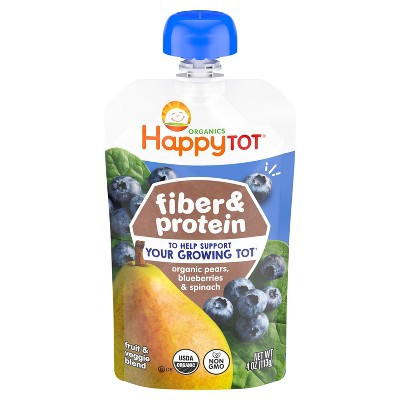 Happy Tot Fiber & Protein Organic Pears, Blueberries & Spinach Toddler Pouch - 4oz: Kosher Pureed Meal, 24M+ | Target