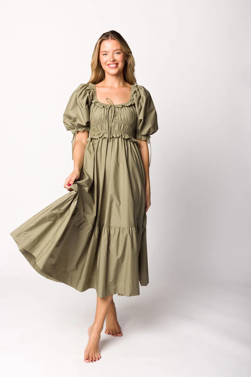 Crissy Ruched Midi Dress in Dusty Olive - Bump Friendly | Worth Collective