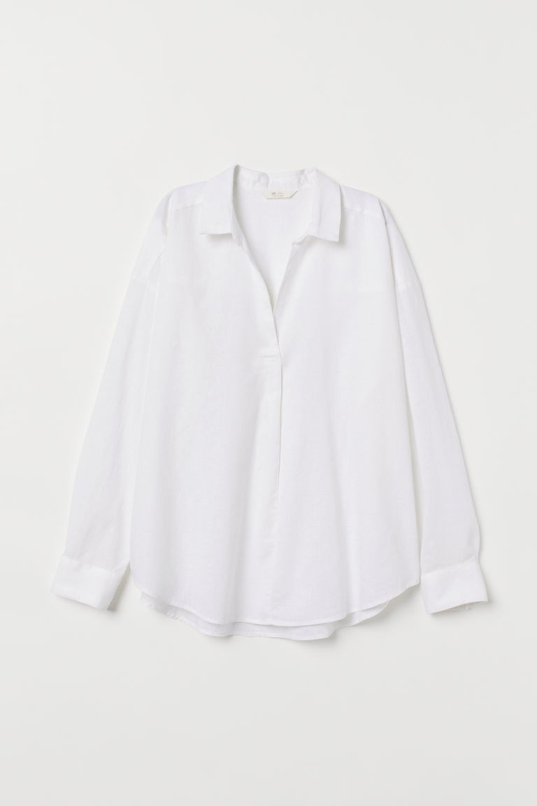 H & M - V-Bluse aus Leinenmix - White - Damen | H&M (DE, AT, CH, NL, FI)
