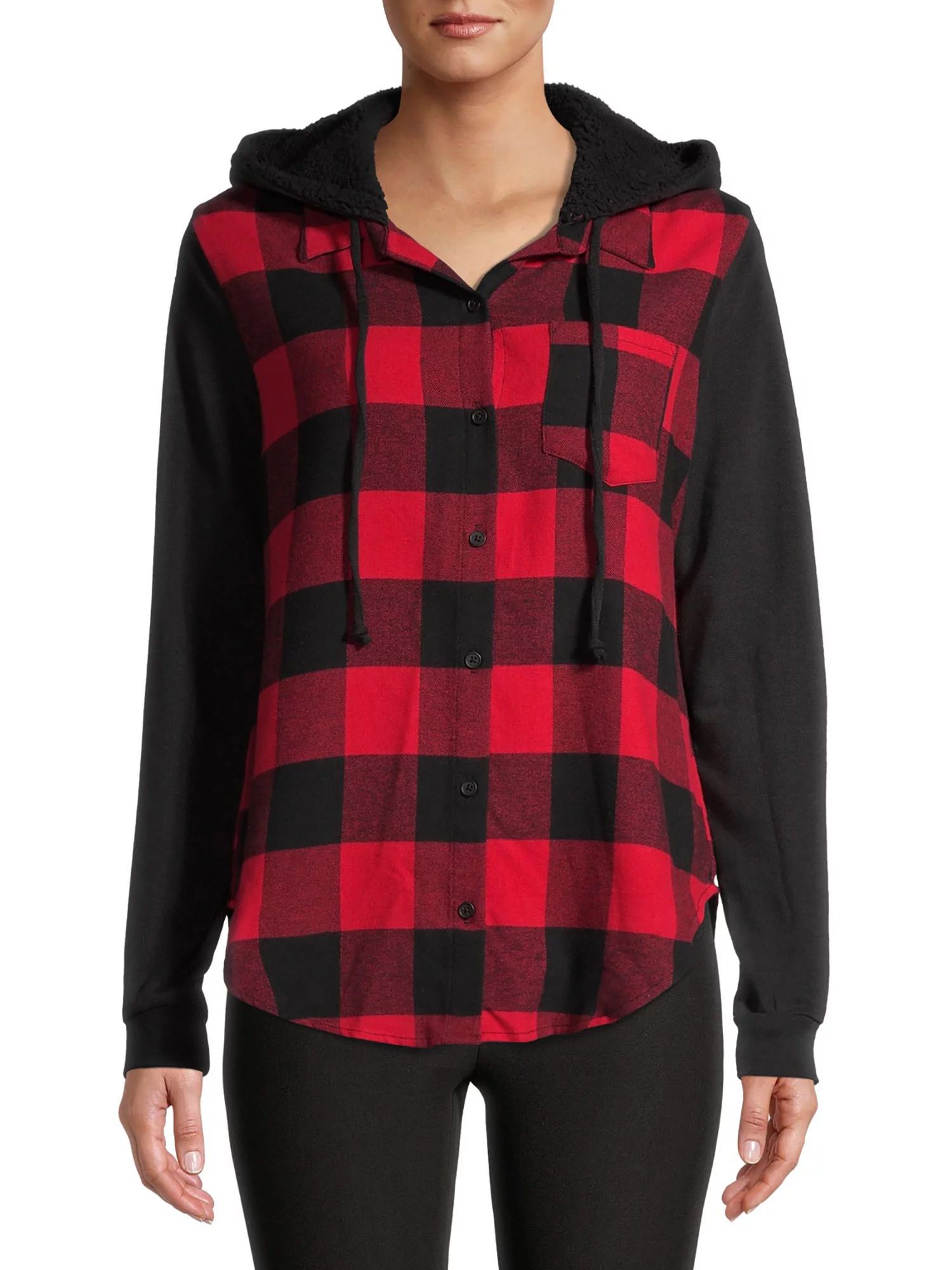 No Boundaries Juniors' Flannel Top With Hood | Walmart (US)