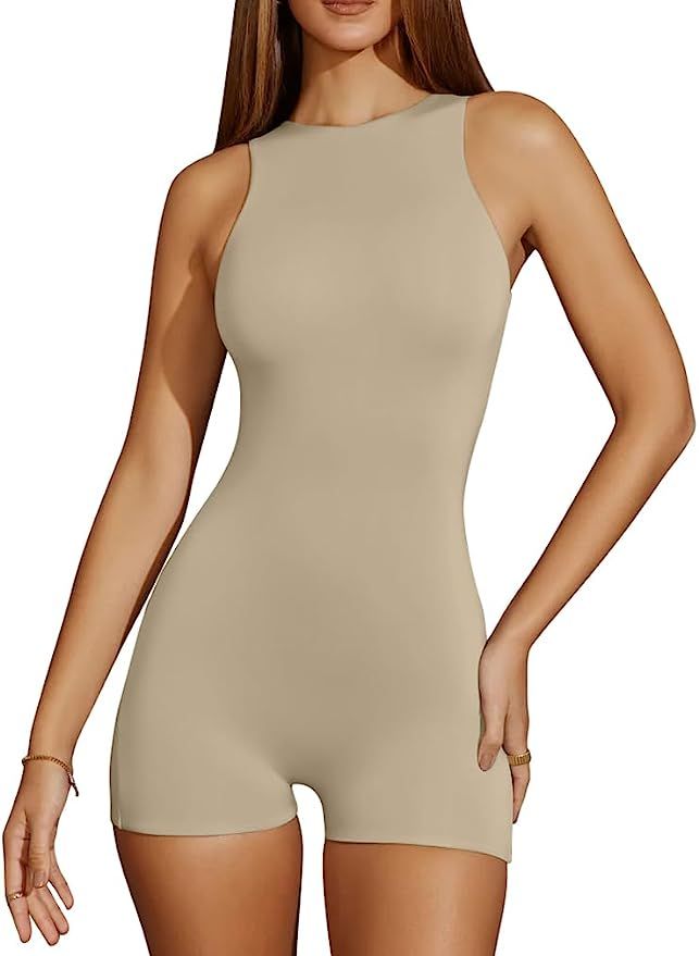 XXTAXN Women's Sexy Bodycon Tank Sleeveless Round Neck One Piece Fitted Jumpsuit Rompers | Amazon (US)