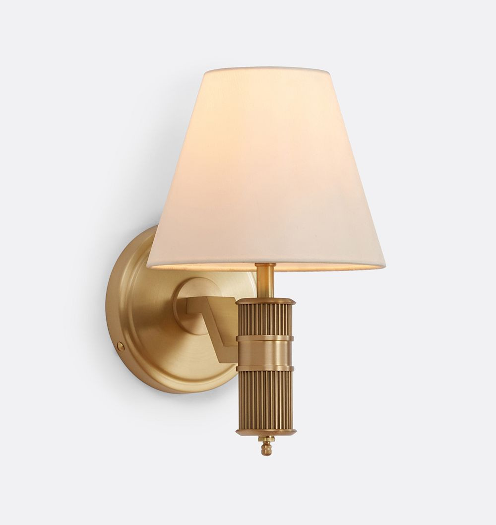 Rigdon Sconce, Brushed Satin Brass and White Shade | Rejuvenation