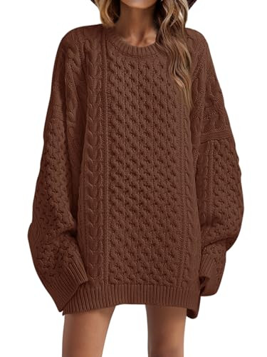 Saodimallsu Womens Oversized Sweaters Chunky Cable Knit Crewneck Long Sleeve Loose Tunic Mini Sweater Dresses Brown | Amazon (US)