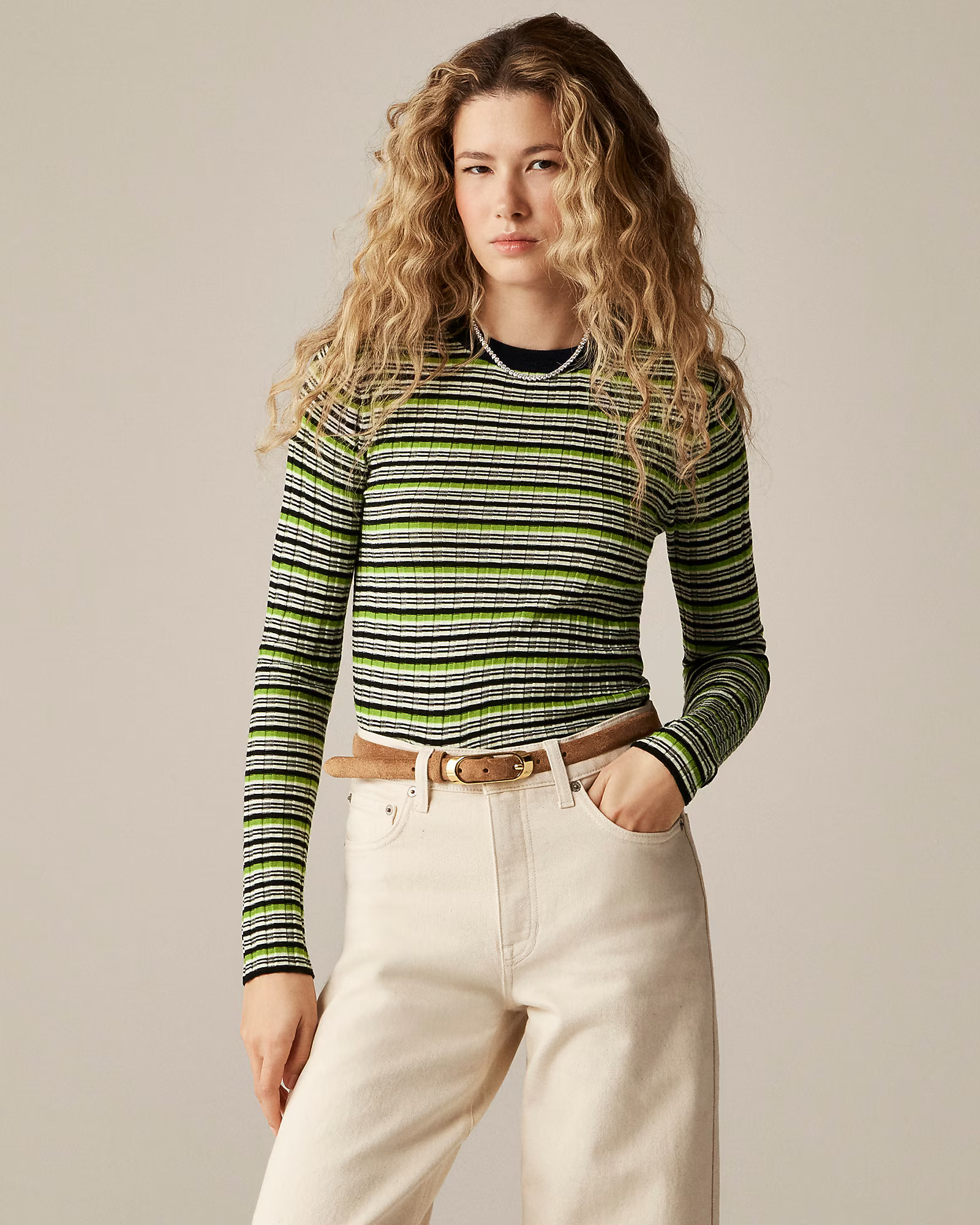 Wide-rib Carolyn crewneck sweater in striped merino wool | J. Crew US