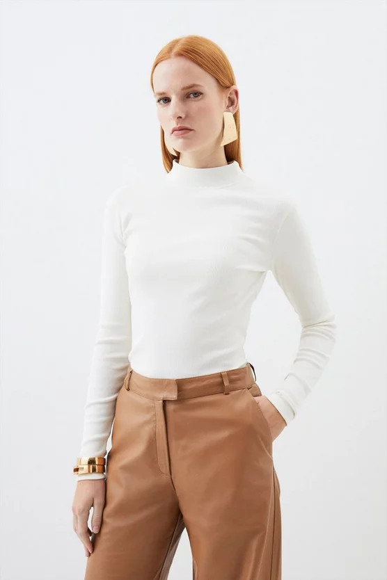 Compact Jersey Ribbed Turtle Neck Top | Karen Millen | Karen Millen UK + IE + DE + NL