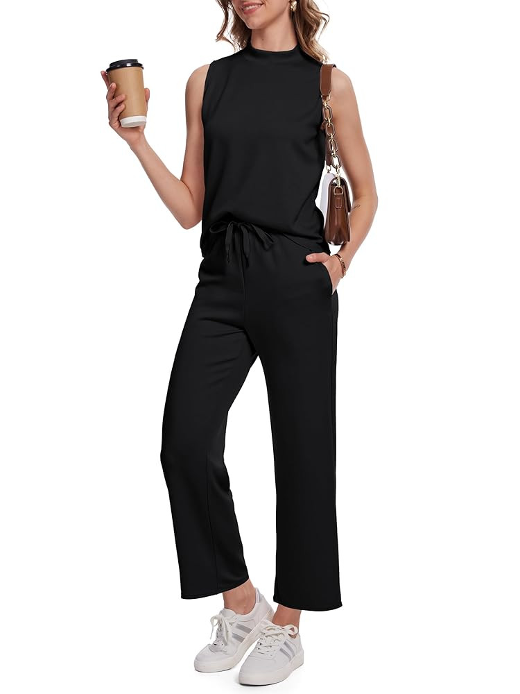 2 Piece Sets for Tall Women Summer Lounge Matching Outfits Mock Neck Tops Wide Leg Crop Pants Vac... | Amazon (US)