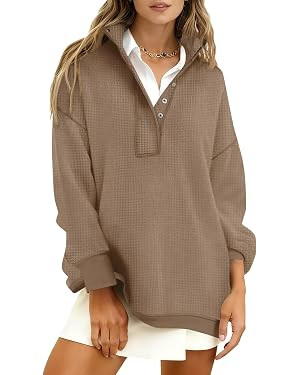 Fisoew Womens Waffle Knit Oversized Sweatshirt Casual Snap Stand Collar Long Sleeve Pullover Tops... | Amazon (US)