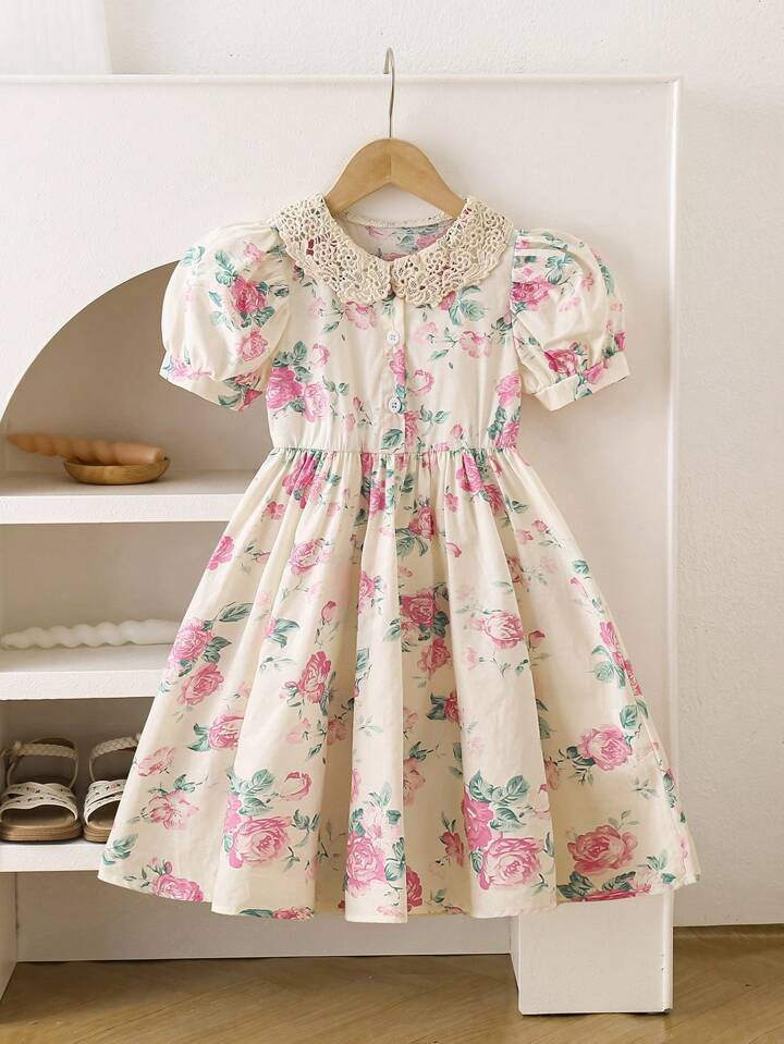 Young Girls Floral Print Contrast Lace Puff Sleeve Dress For Summer | SHEIN