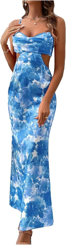 Milumia Women's Floral Cut Out Backless Dress Ruched Sleeveless Long Cocktail Party Dresses | Amazon (US)