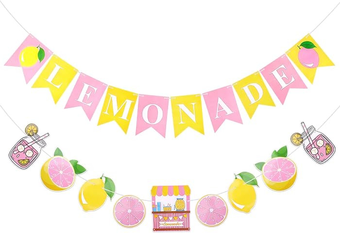 Lemonade Banner for Lemonade Stand Decorations, Pink Yellow Lemonades Stand Party Decorations Sum... | Amazon (US)