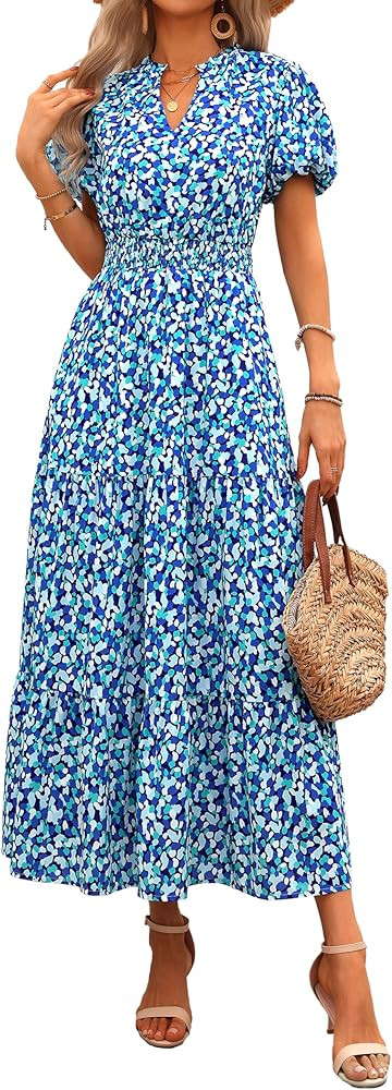MASCOMODA Summer Maxi Dresses for Women 2025 Casual V Neck Puff Short Sleeve Smocked Flowy Beach ... | Amazon (US)