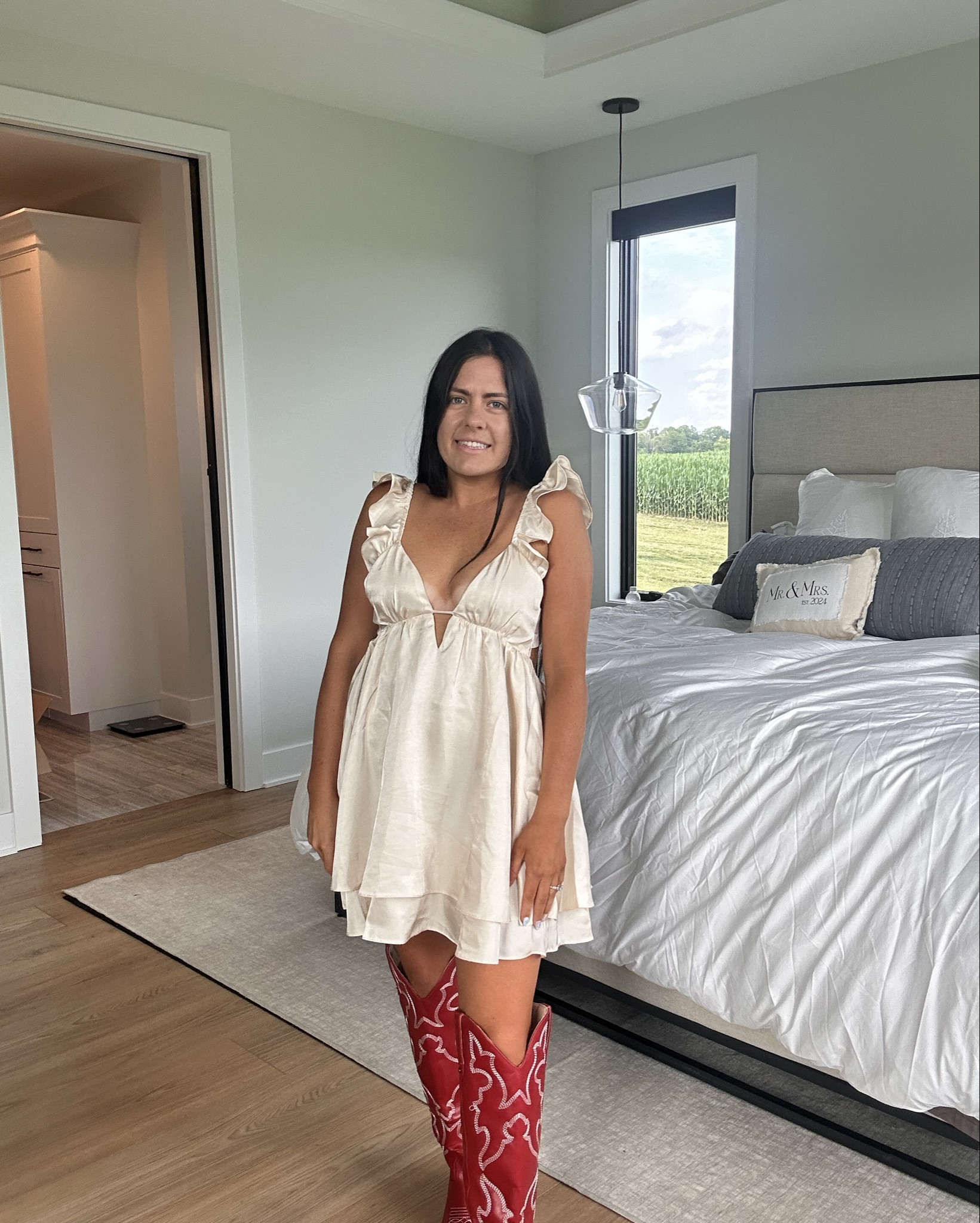 Super cute off white/ivory dress that I paired with red boots. I got so many compliments on the boots and they’re super comfy! Great outfit for girls night out, concert or I wore it for my bachelorette trip! 

#LTKStyleTip #LTKWedding