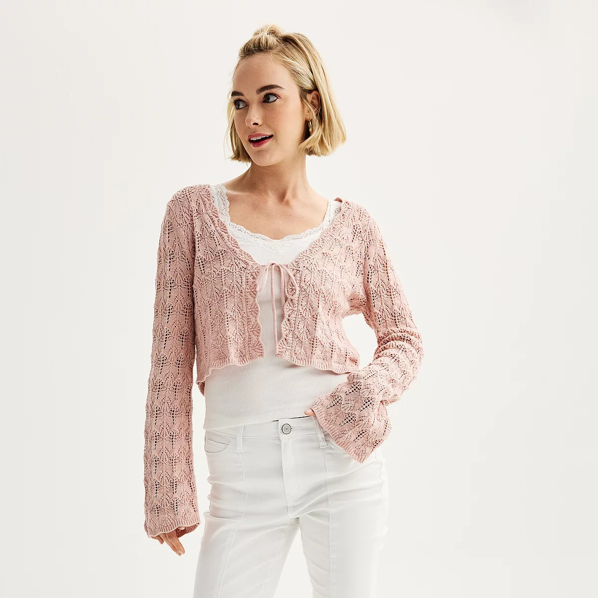 Juniors' Freshman Crochet Tie Front Cardigan | Kohl's