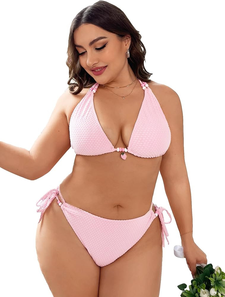 GORGLITTER Women's Plus Bikini Set Beads Decor Triangle Swimsuit Tie Side High Waist Bikini Bathi... | Amazon (US)
