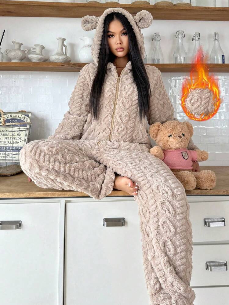 1pc Women's Hooded Fluffy Jumpsuit With Ears, Heart Pattern, Solid Color, Cute, Comfortable, Warm, Suitable For Autumn/Winter, Cozy Outfits | SHEIN