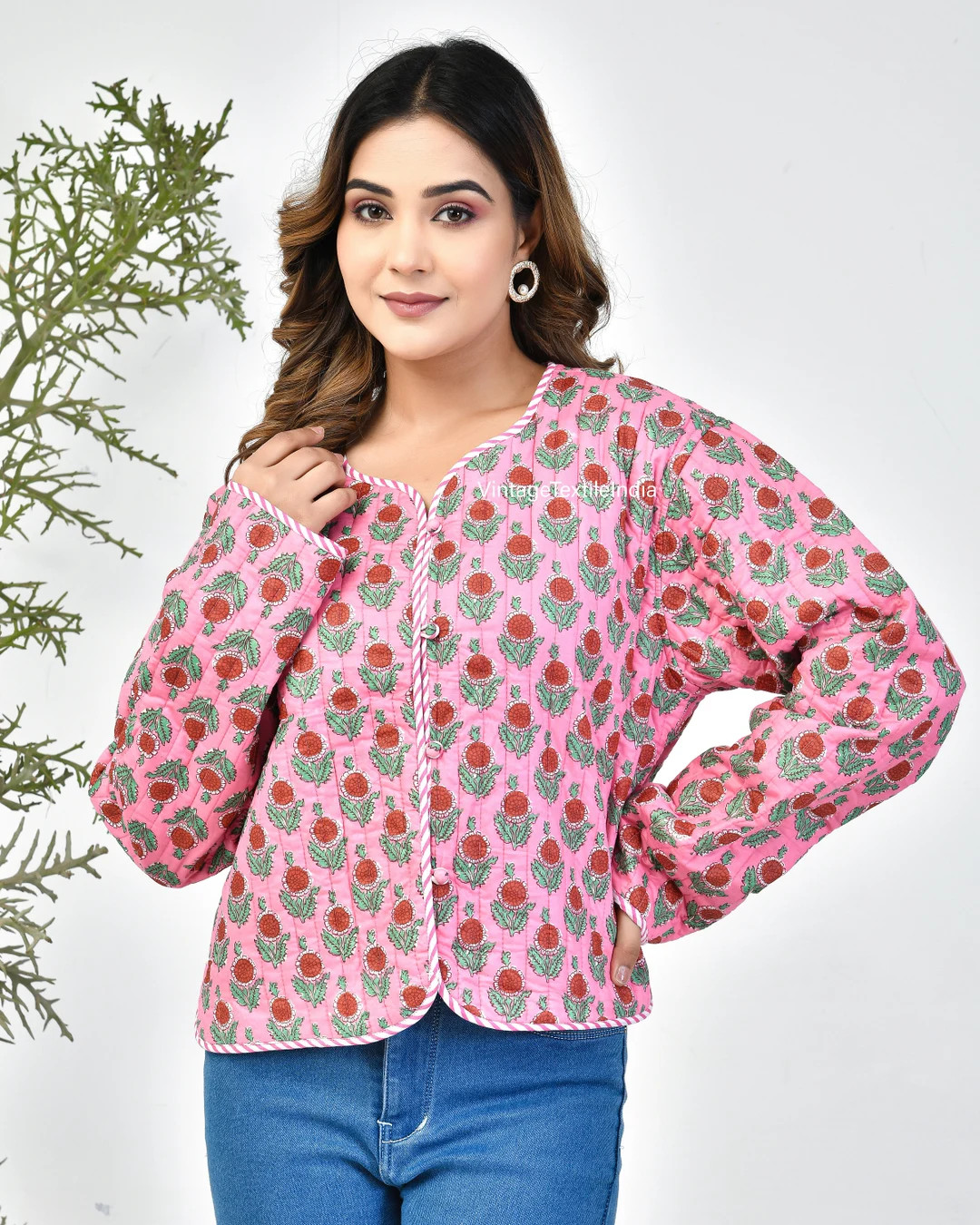 Indian Handblock Print Fabric Quilted Jacket Short Kimono Women Wear New Style Pink Flower Coat N... | Etsy (US)