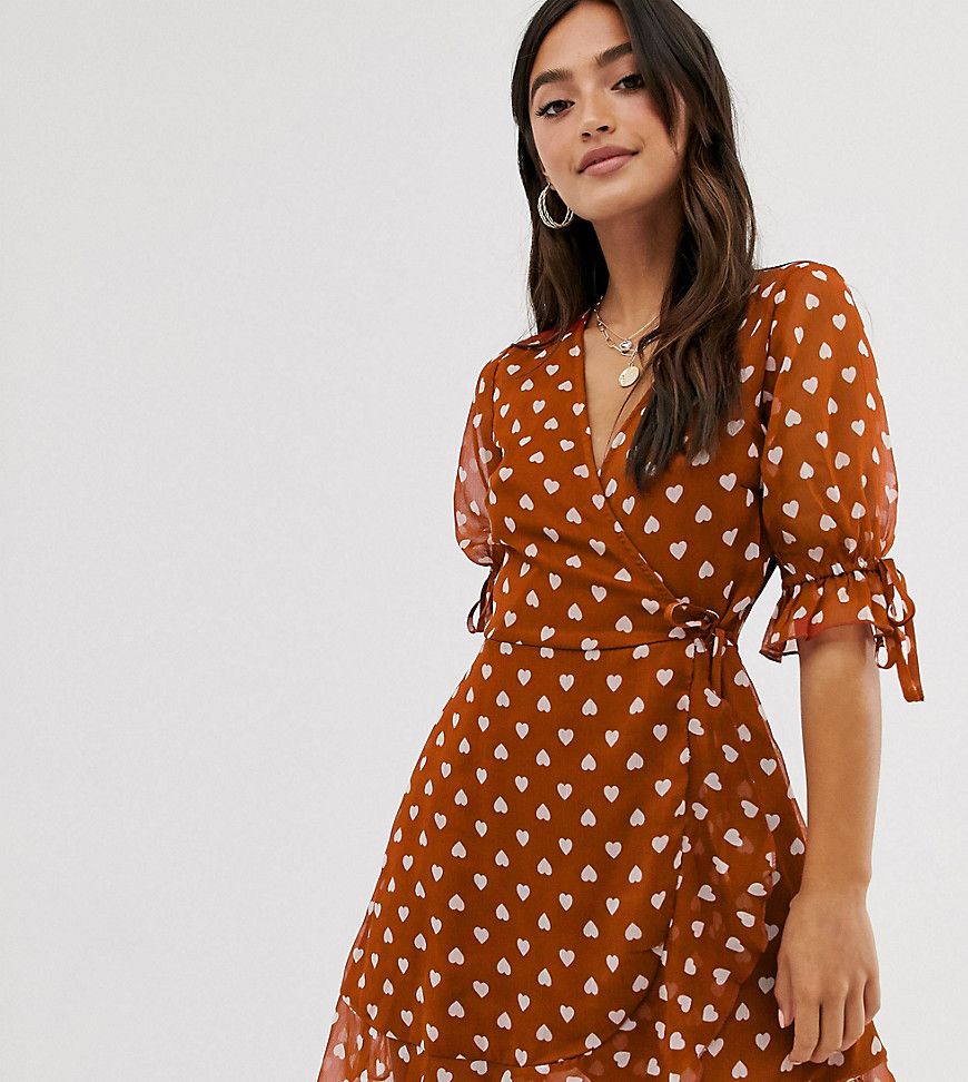 Wednesday's Girl mini wrap dress with tie sleeves in heart print-Brown | ASOS (Global)