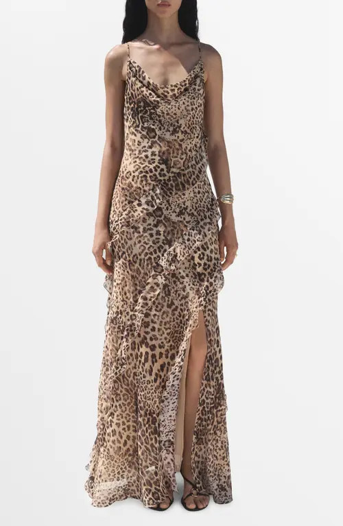 MANGO Animal Print Ruffle Slipdress in Ecru at Nordstrom, Size 4 | Nordstrom