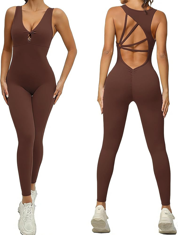 One-piece V Neck Workout Athletic Jumpsuit Women's Tummy Control Backless Yoga Bodysuit Butt Lift... | Amazon (US)