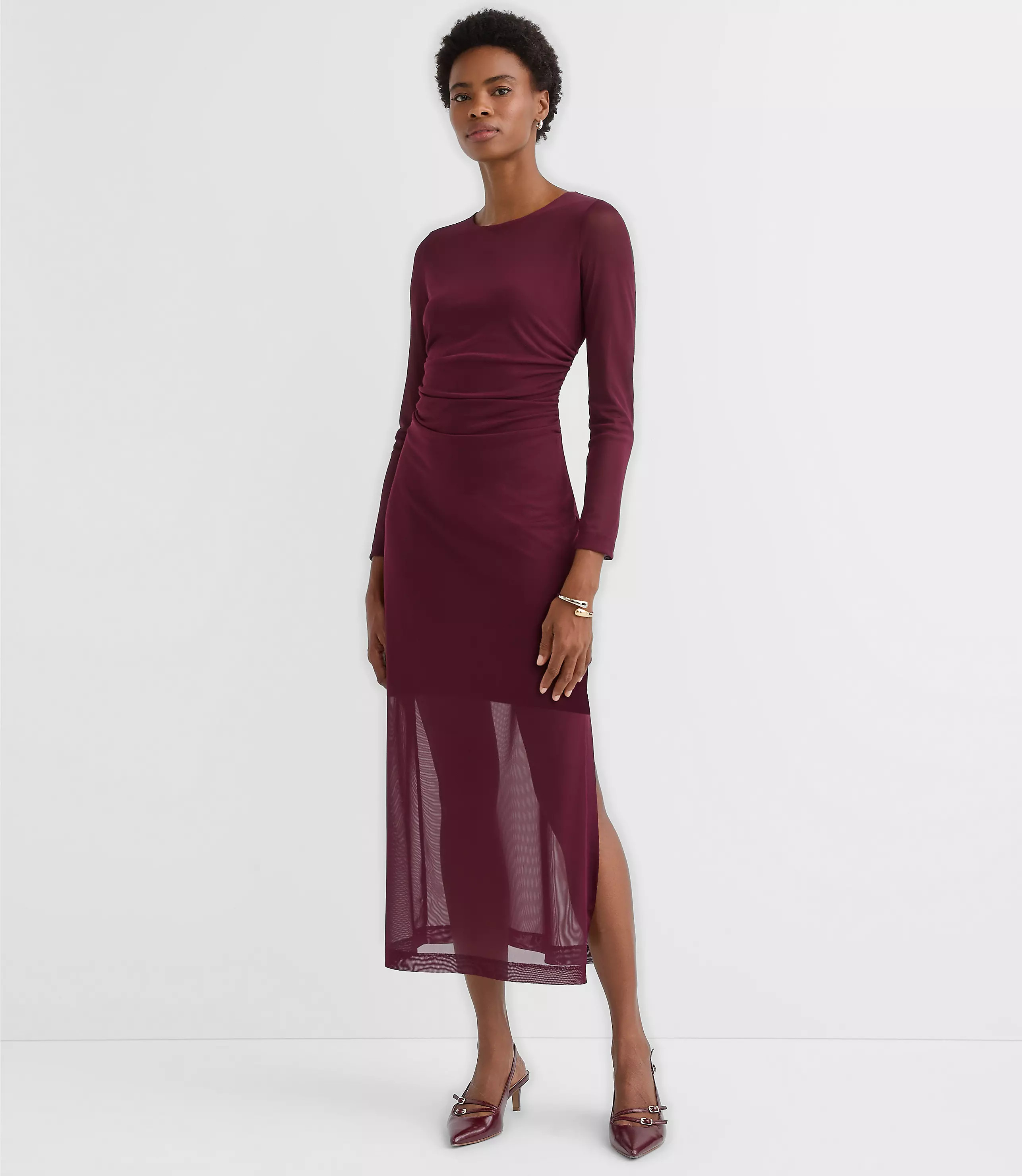 Petite Mesh Ruched Midi Dress | LOFT