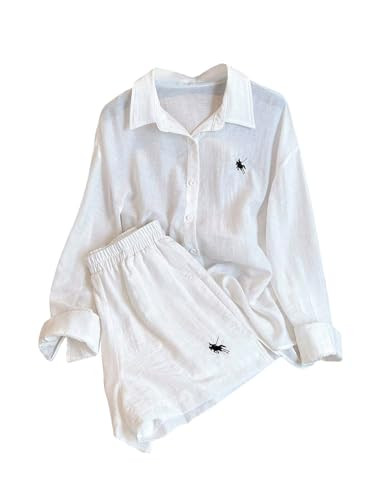 SweatyRocks Women's 2 Piece Outfits Button Down Shirts Lounge Linen Sets and Mini Shorts Pajama G... | Amazon (US)