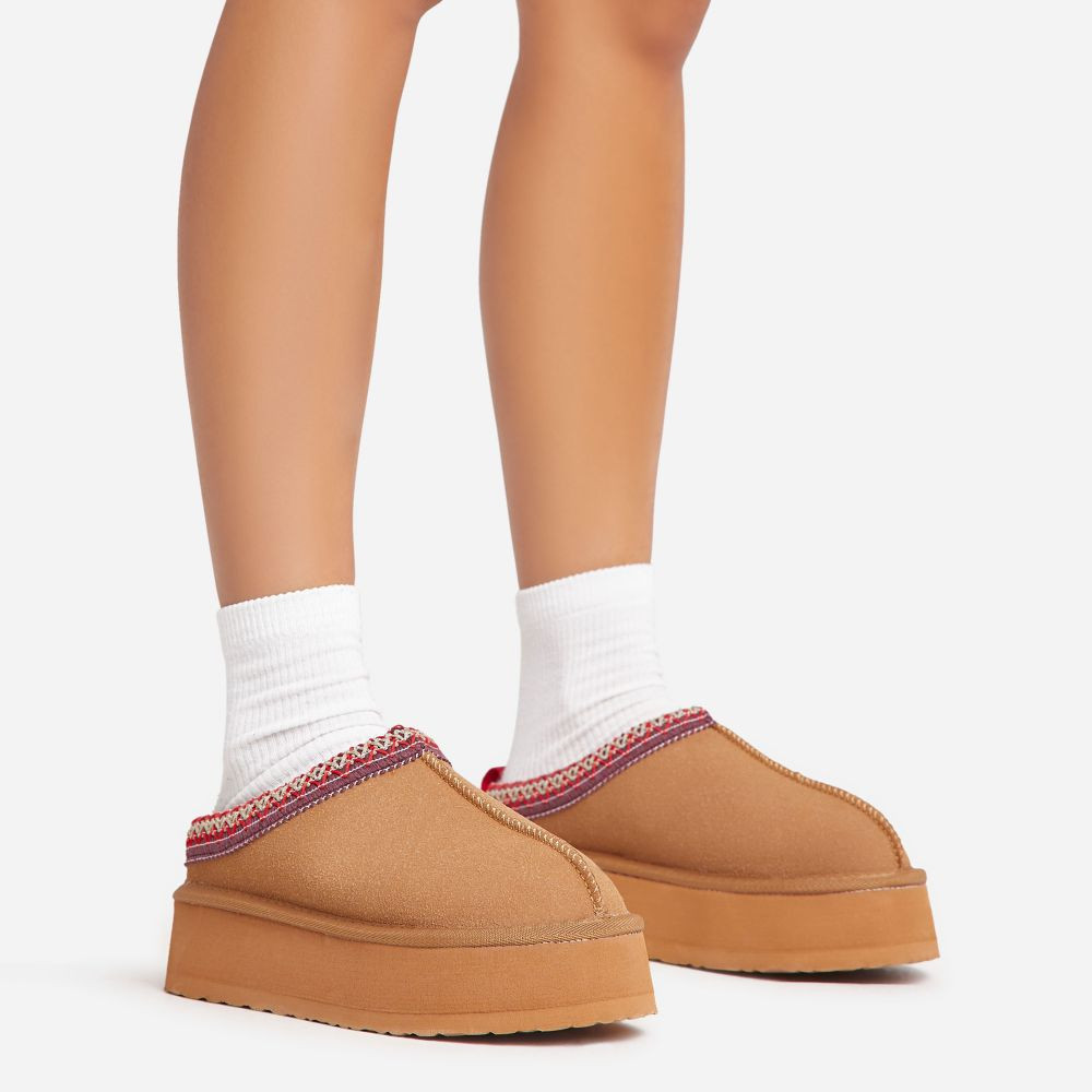 Tazmin Aztec Detail Faux Fur Lining Platform Slipper In Chestnut Faux Suede | EGO Shoes (US & Canada)
