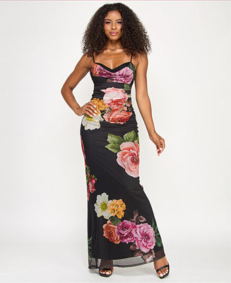 Juniors' Cowl Neck Floral Mesh Sleeveless Gown | Macy's