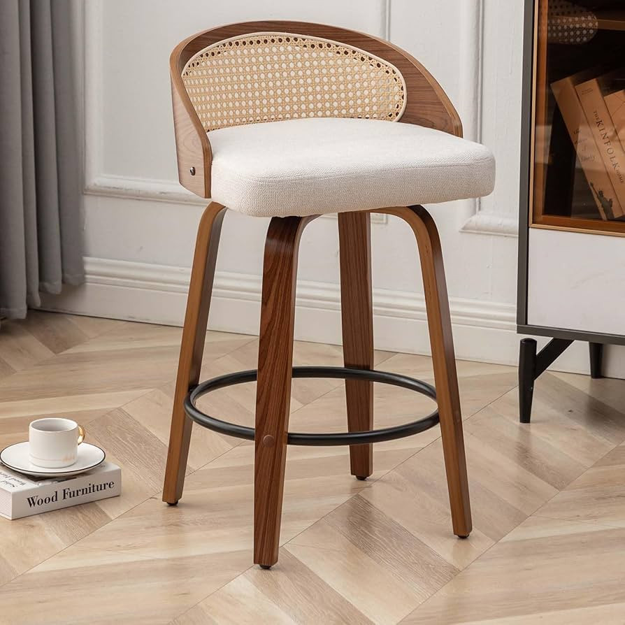 30" Swivel Rattan Bar Stools,Mid-Century Modern Beige Linen Fabric Upholstered Counter Height Sto... | Amazon (US)