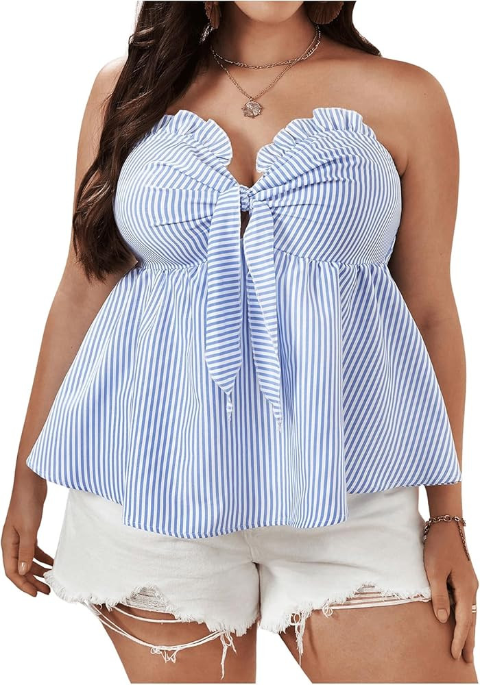 MakeMeChic Women's Plus Size Striped Tie Front Shirred Bandeau Tube Top Sleeveless Peplum Summer ... | Amazon (US)
